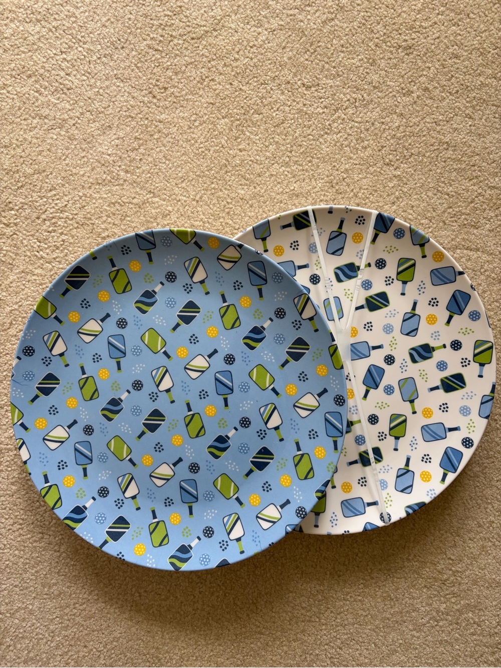 6 Round Plates in Blue and White Pickleball pattern.